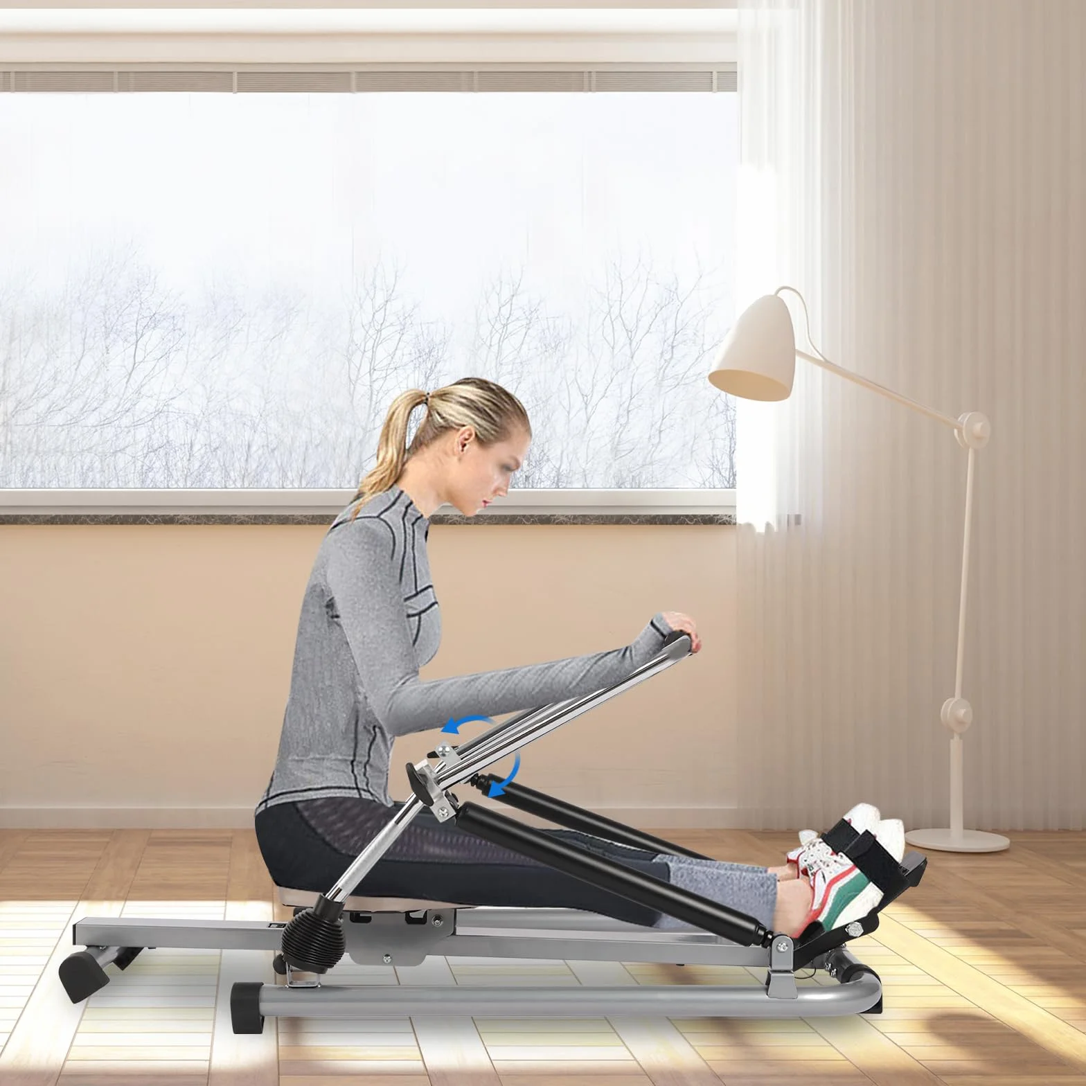 Vogatore idraulico, completamente mobile, regolabile, con resistenza a gradini da 15 a 55 kg, sedile morbido e monitor LCD e guida lunga da 45 pollici per esercizi cardio(scuro)