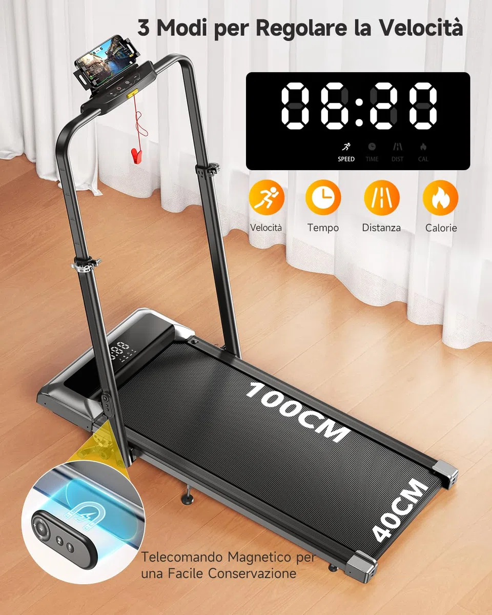 6 in 1 Tapis Roulant Elettrico, 12km/h Tapis Roulant Pieghevole con 12% Pendenza, 1150MM Tubo Montante Retrattile, 95°/105° Tubo Montante Rotante, 2.5HP Motore, App e Telecomando