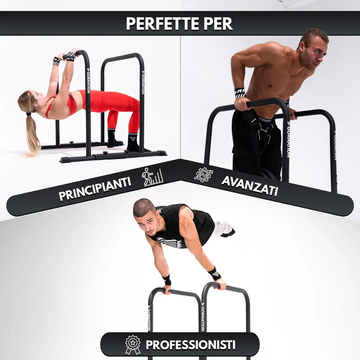 GORNATION Dip Bars, Barre Dip, Barre Parallele Alte Regolabili per Calisthenics e Fitness, Dips Station con Piedini Antiscivolo e Presa Sicura, Attrezzatura per Home Gym
