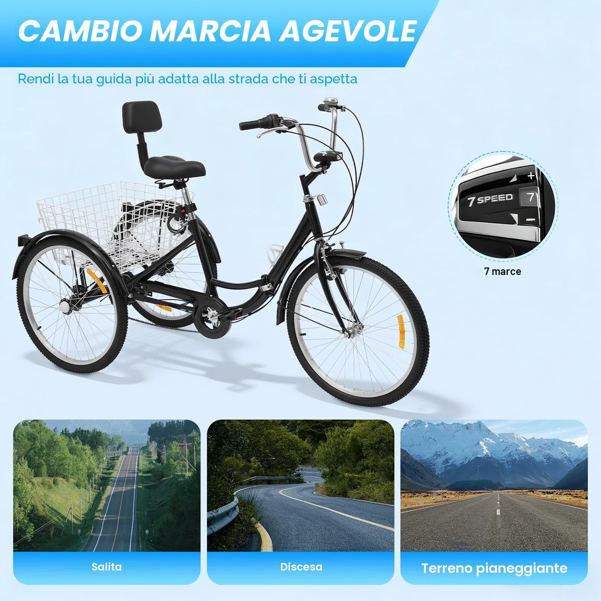 triciclo per adulti 24 pollici, cruiser bicicletta con lampada da moto, cestino e riflettori, velocità regolabile, 120 kg, bianco