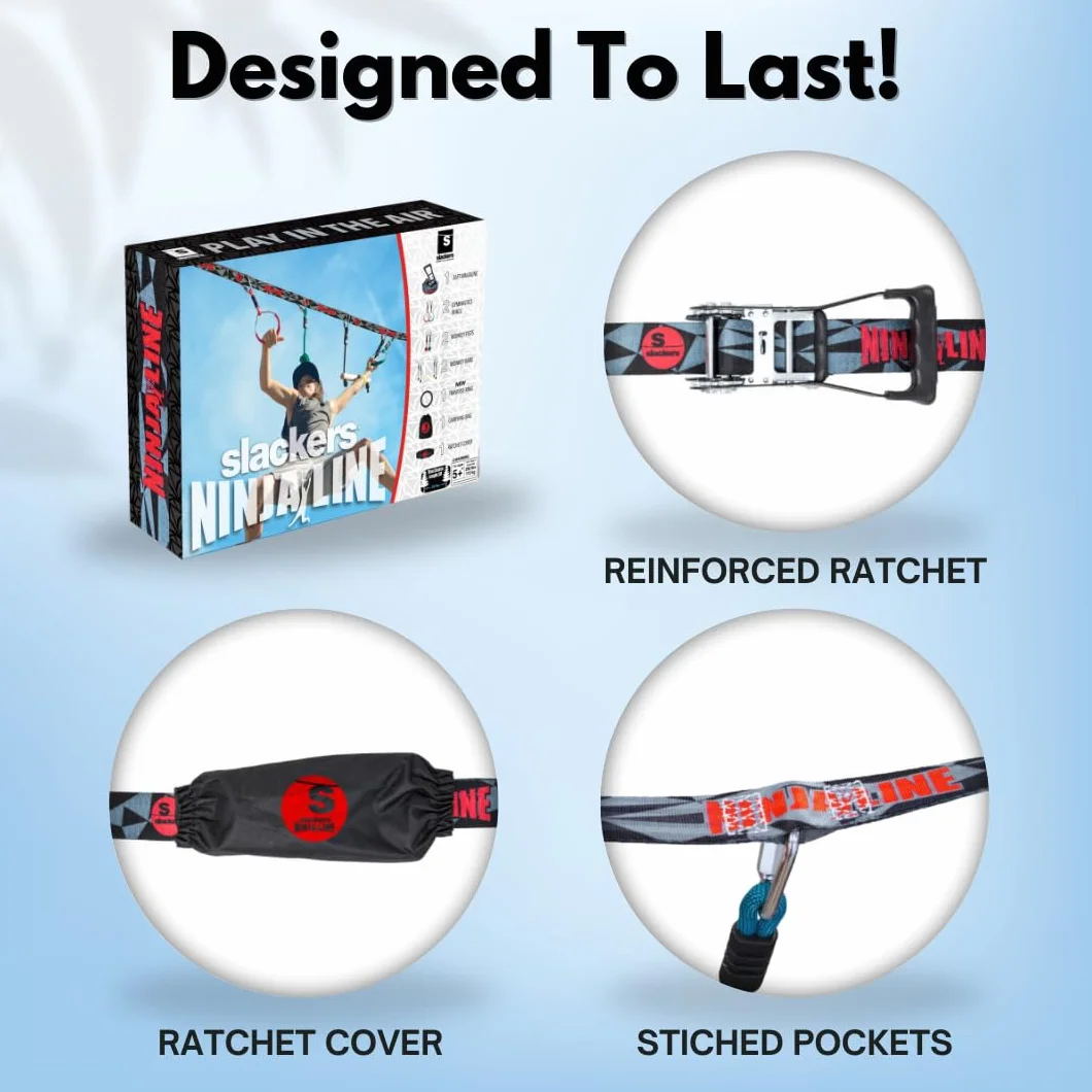 Slackers Ninja Line Starter Set - Percorso ad Ostacoli all'aperto e Slackline per Bambini dai 5 Anni in su - Set Completo con Slackline da 11 m, 7 Ostacoli, cricchetto e Borsa per Il Trasporto