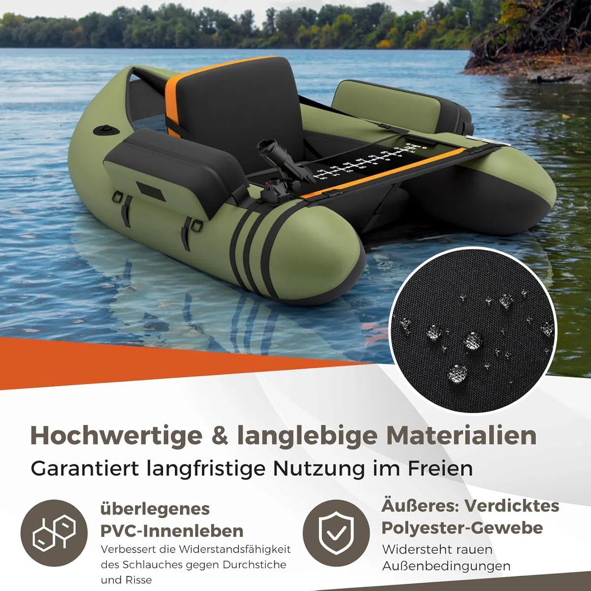FANTASK Gonfiabile Schlauchboot, barca da pesca con pompa, remi, cinture, Bellyboat per adulti, capacità di carico 150 kg, 135 x 109 x 54 cm (Verde)