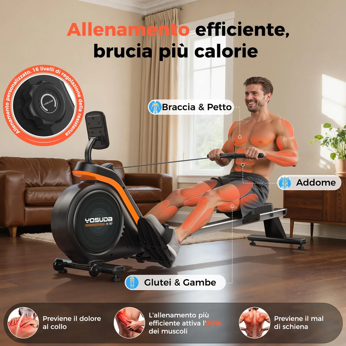 YOSUDA Vogatore Professionale per Casa, 16 Livelli di Resistenza, Vogatore Magnetico Silenzioso con APP, Monitor Bluetooth & Stent Capacità di Carico 160KG
