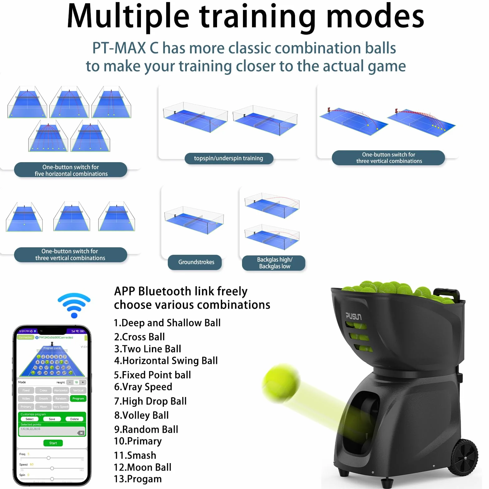PT-Max C Padel Tennis Machine Pro, lanciatore automatico di palline con telecomando, sistema di allenamento intelligente con controllo della velocità (12-87 mph), display digitale, batteria integrata,