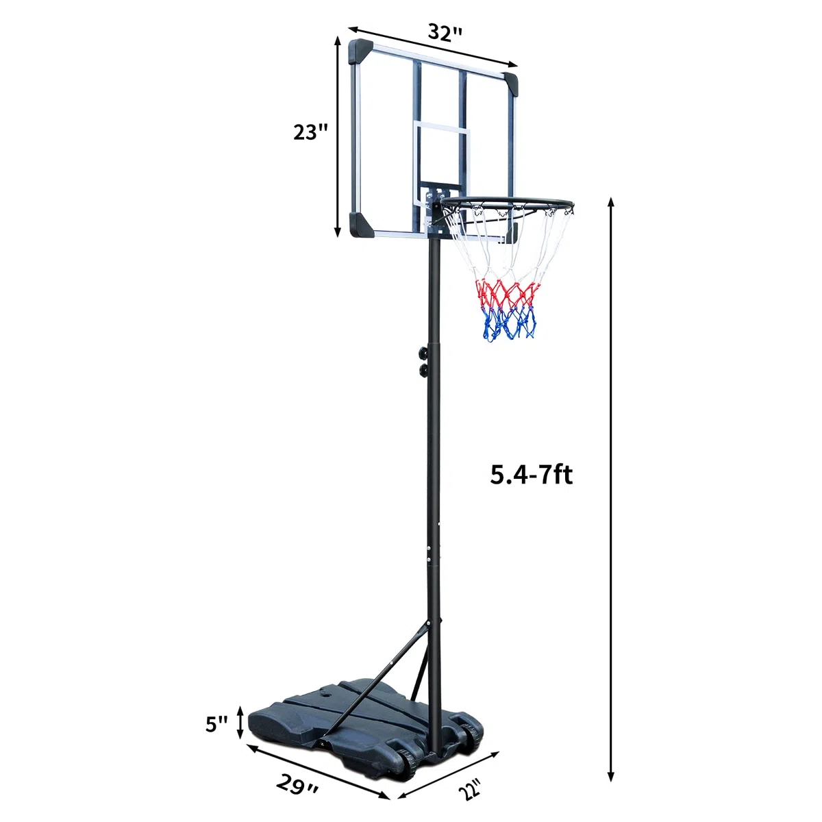 HIONRE Set di canestro da basket trasparente da 2,1 m, professionale, per esterni, con ruote, altezza regolabile 165 cm-213 cm, nero