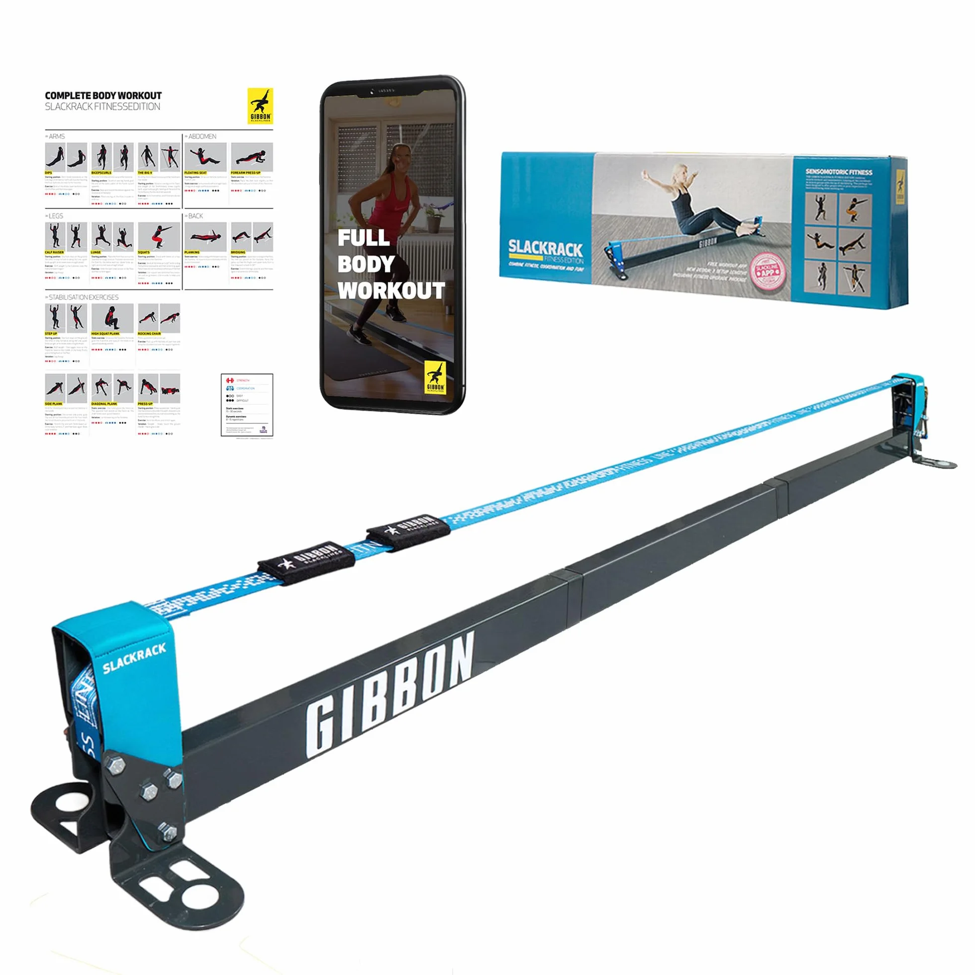 Gibbon Slacklines, Slackrack Fitness Edition, grigio-blu, lunghezza 2 o 3 metri, con 2 maniglie, banda elastica e poster con 16 diversi esercizi, larghezza della fettuccia: 2"/5 cm, altezza: 30 cm