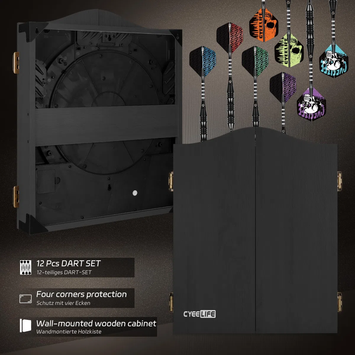 CyeeLife Bersaglio per Freccette Elettronico con Cabinet in Legno, Dartboard Elettronico, Bersaglio con 34 Giochi e 355 Varianti, Modalità per 8 Giocatori, Display LED