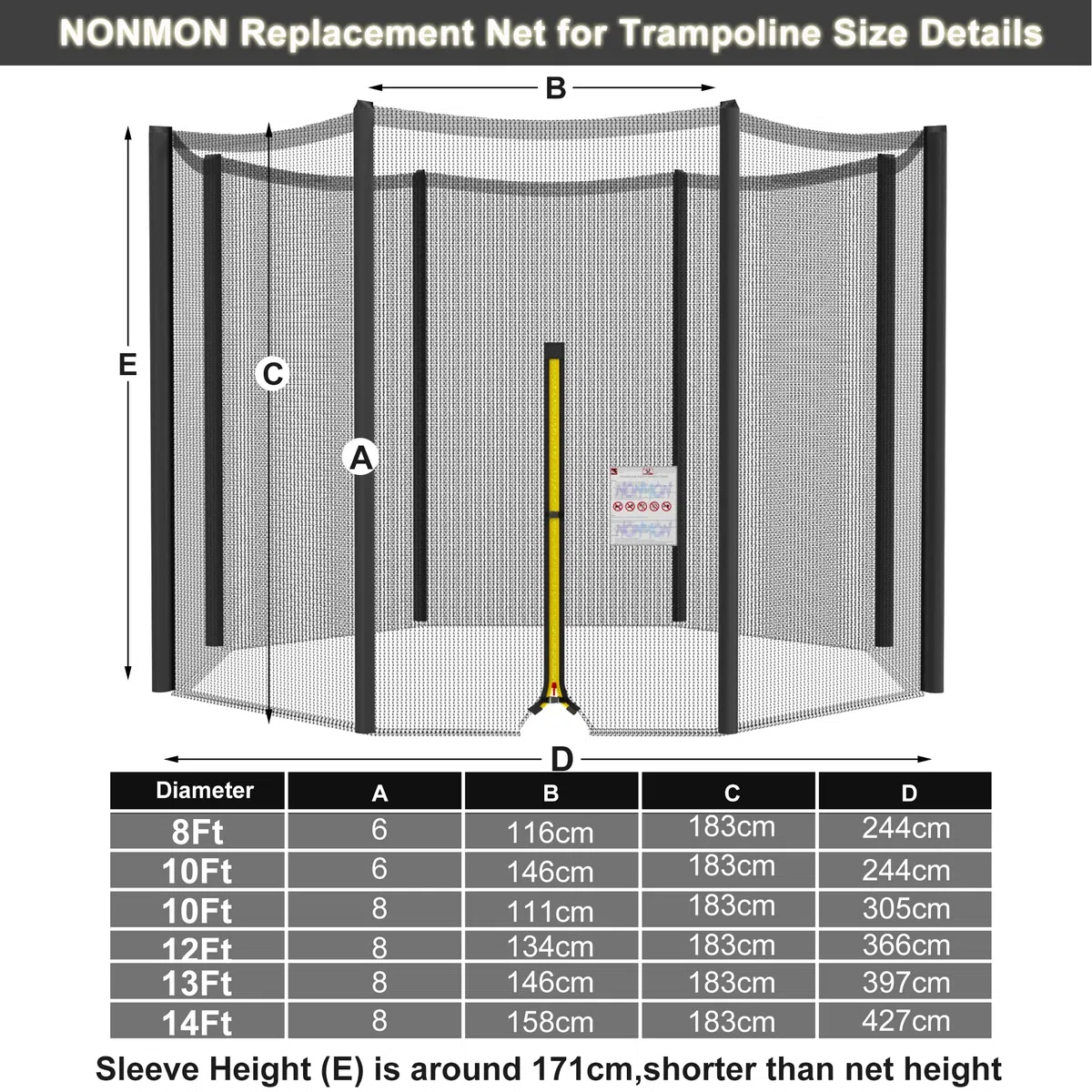 NONMON Rete di Sicurezza per Trampolino 244 305 366 397 427 cm con 6/8 Pali, Rete di Ricambio con Cerniera Fibbia, Rete di Protezione Esterno Antistrappo e Resistente ai Raggi UV