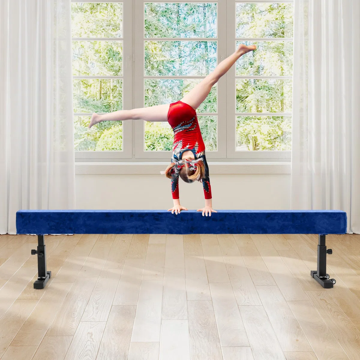 COSTWAY Trave Ginnastica Artistica per Casa Regolabile 226 cm, Trave di Equilibrio con Ruote e 3 Altezze Regolabili e Gambe Robuste per Principianti e Professionisti