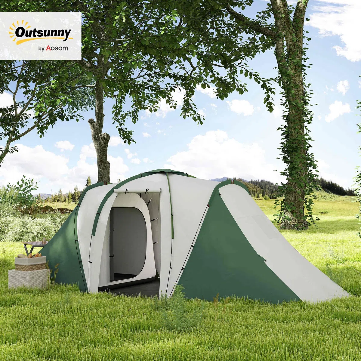 Outsunny Tenda da Campeggio 4-6 Persone con 2 Camere e Zona Soggiorno, Tenda da Esterno a 2 Porte, Resistente all'acqua e ai Raggi UV, con Borsa da Trasporto, 555x225x190 cm, Grigio e Verde