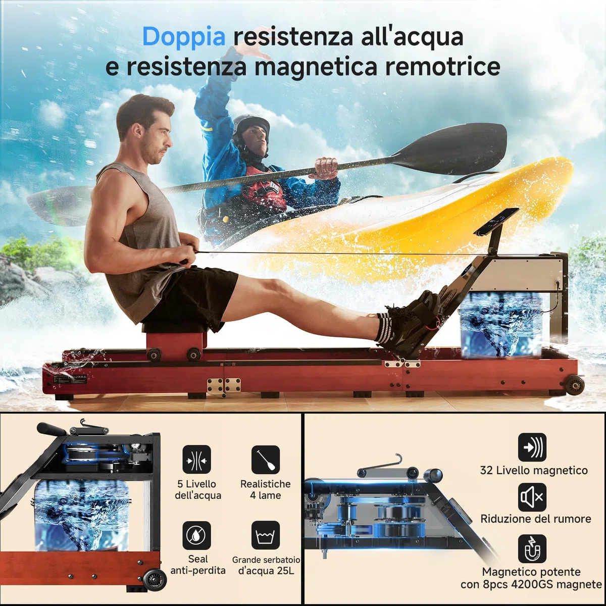 Vogatore Pieghevole per Casa, doppia Resistenza all'acqua e Resistenza Magnetica Macchina a Remi Vogator per Casa Fitness Allenamento