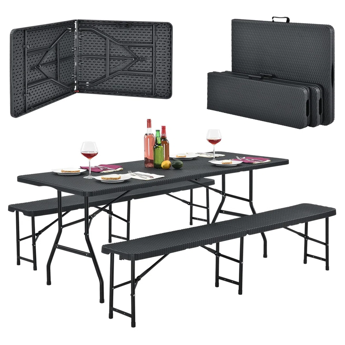 Juskys Set tenda da birra Amberg 3 pezzi e pieghevole - 180 x 74 x 74-2 panche da birra e tavolo da birra in stile rattan Set mobili da giardino Set tendone da campeggio