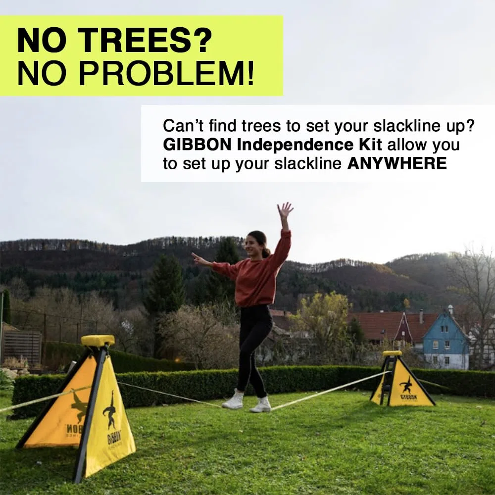Gibbon Slacklines, Independence Kit Classic, con 2 Slackframes, 2 picchetti a Vite di Ancoraggio a Terra da 70 cm e la celebre Classic Line da 15 m