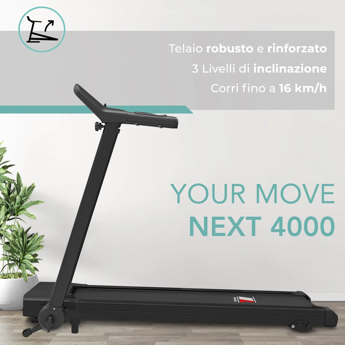 YM Tapis Roulant Salvaspazio 16 km/h, Marchio Italiano, Inclinazione, APP Compatibili, Pieghevole, Ampia Superfice, 2 Sistemi Controllo (TASTI + GESTUALE) Brevettato, NEXT 4000 Your Move