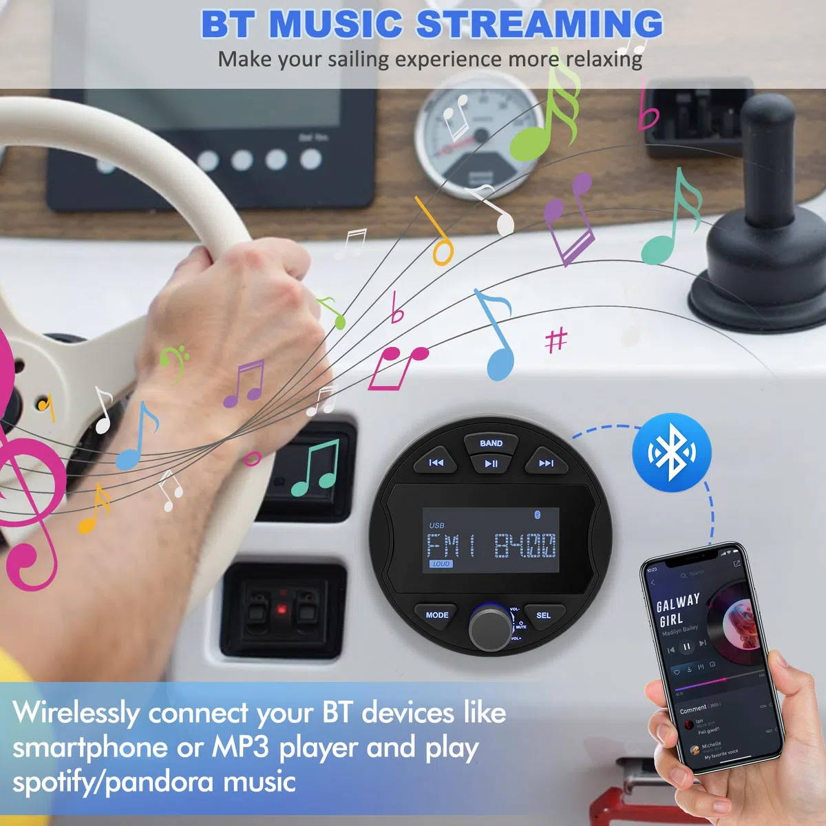 MP3 Ricevitore Stereo marino con funzione Radio digitale AM/FM, USB BT & IPX6 impermeabile per natante e uso professionale