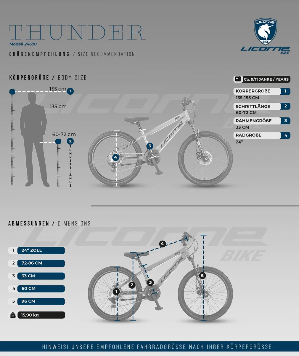 Licorne Bike Thunder Premium Mountain Bike in 20, 24, 26, 27,5 e 29 pollici, per ragazze, ragazzi, uomini e donne