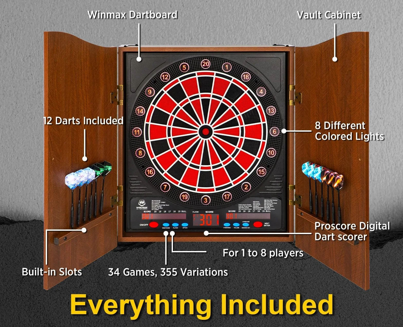 WIN.MAX Freccette Elettronico, Set di Armadio Decorativo Bersaglio Freccette Offre 34 Giochi per un Massimo di 8 Giocatori tra cui 12 Frecce a Punta Morbid