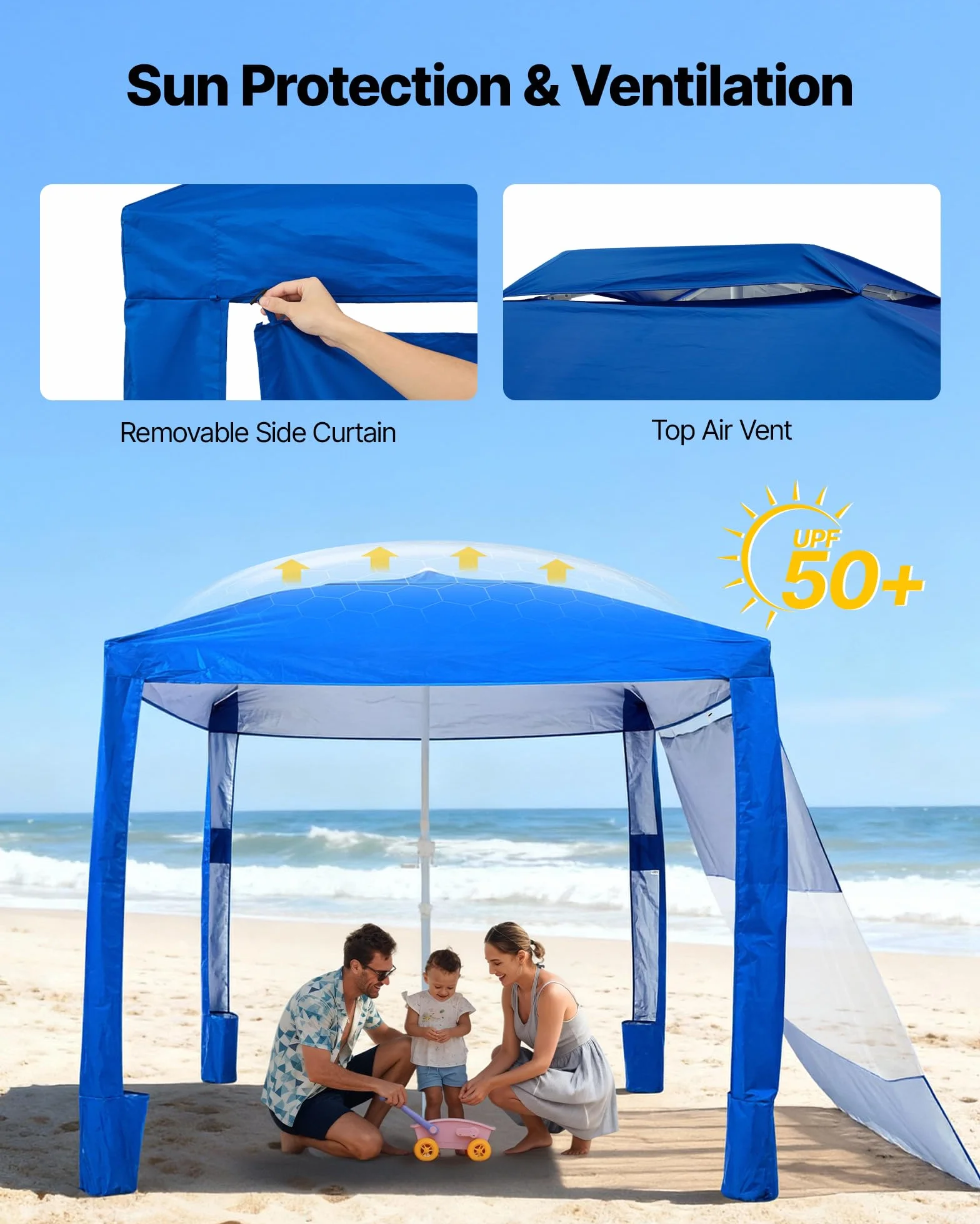 VEVOR Parasole da Spiaggia Portatile 2400 x 2400 x 2400 mm con Parete Laterale e Tasche per la Sabbia, Facile da Montare, Ombrellone Parasole Portatile Regolabile in Altezza per Famiglia, Blu