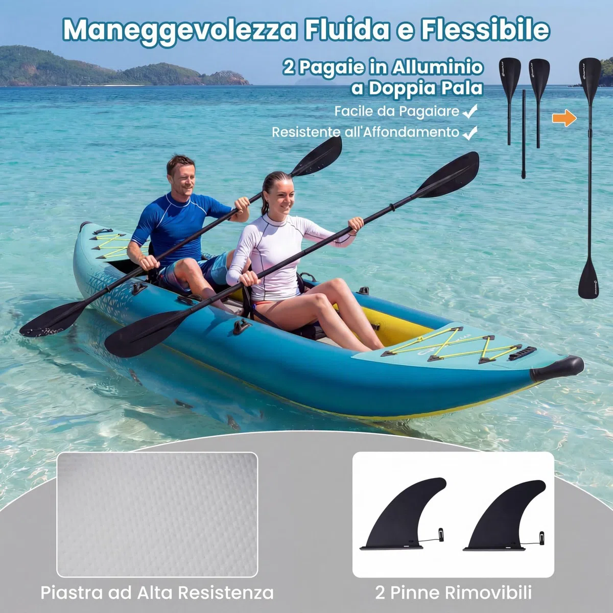 COSTWAY Kayak Gonfiabile 2 Posti, Kayak da Pesca Gonfiabile e Portatile 381 cm con 2 Sedili Imbottiti e Poggiapiedi Regolabili, Remi in Alluminio, Pompa a Mano, Ideale per Lago e Mare