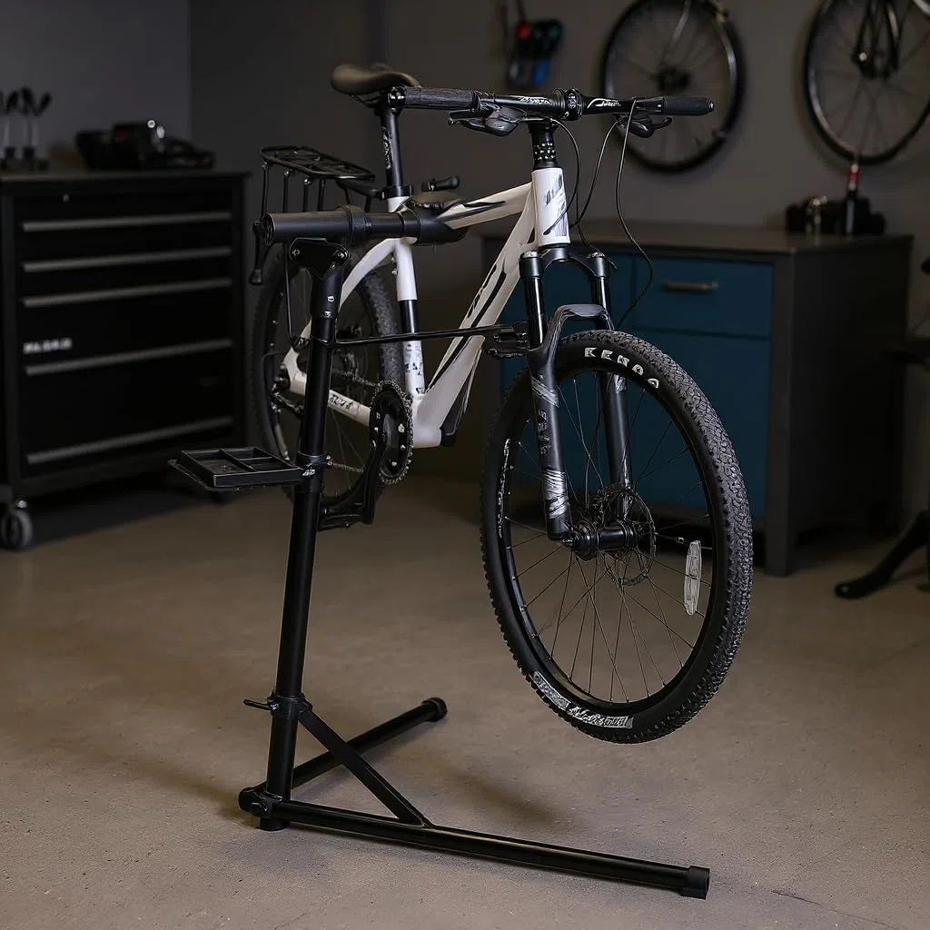 CXWXC Cavalletto per Riparazione Bici, Supporto per Manutenzione Bicicletta in Alluminio, con Vassoio Porta Utensili Magnetico, Regolabile, Leggero, Portatile Nero (Nero)