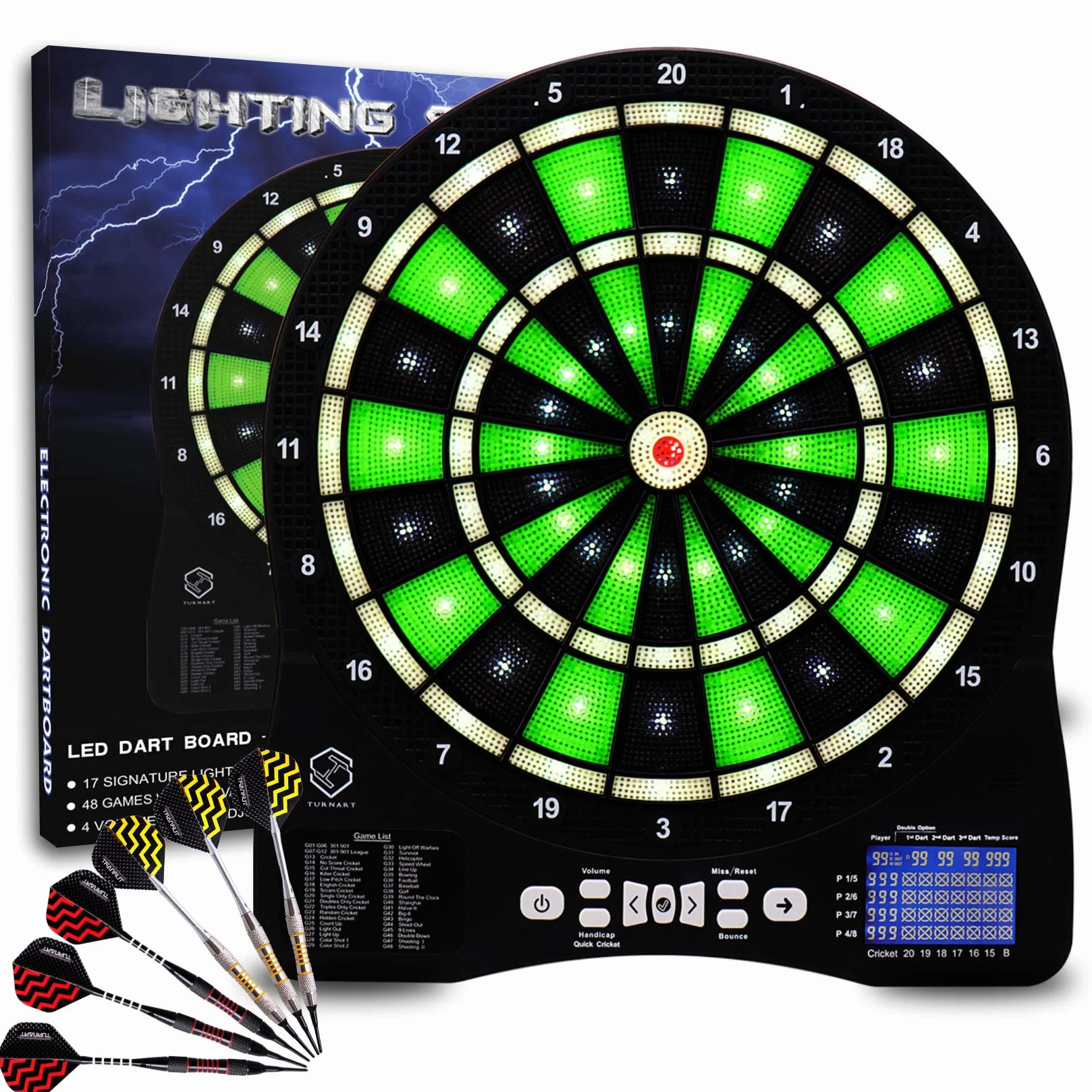 Turnart Bersaglio elettronico per Freccette, Bersaglio elettronico con quadrante Illuminato a LED, 6 Freccette, Soft,Elettronica