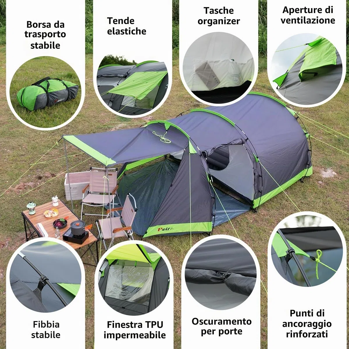 Tenda a tunnel per 4 persone, tenda Tipi, grande da campeggio con cabina letto, tenda familiare impermeabile, 3000 mm, tenda a 3 ingressi, tenda glamping con fondo rimovibile