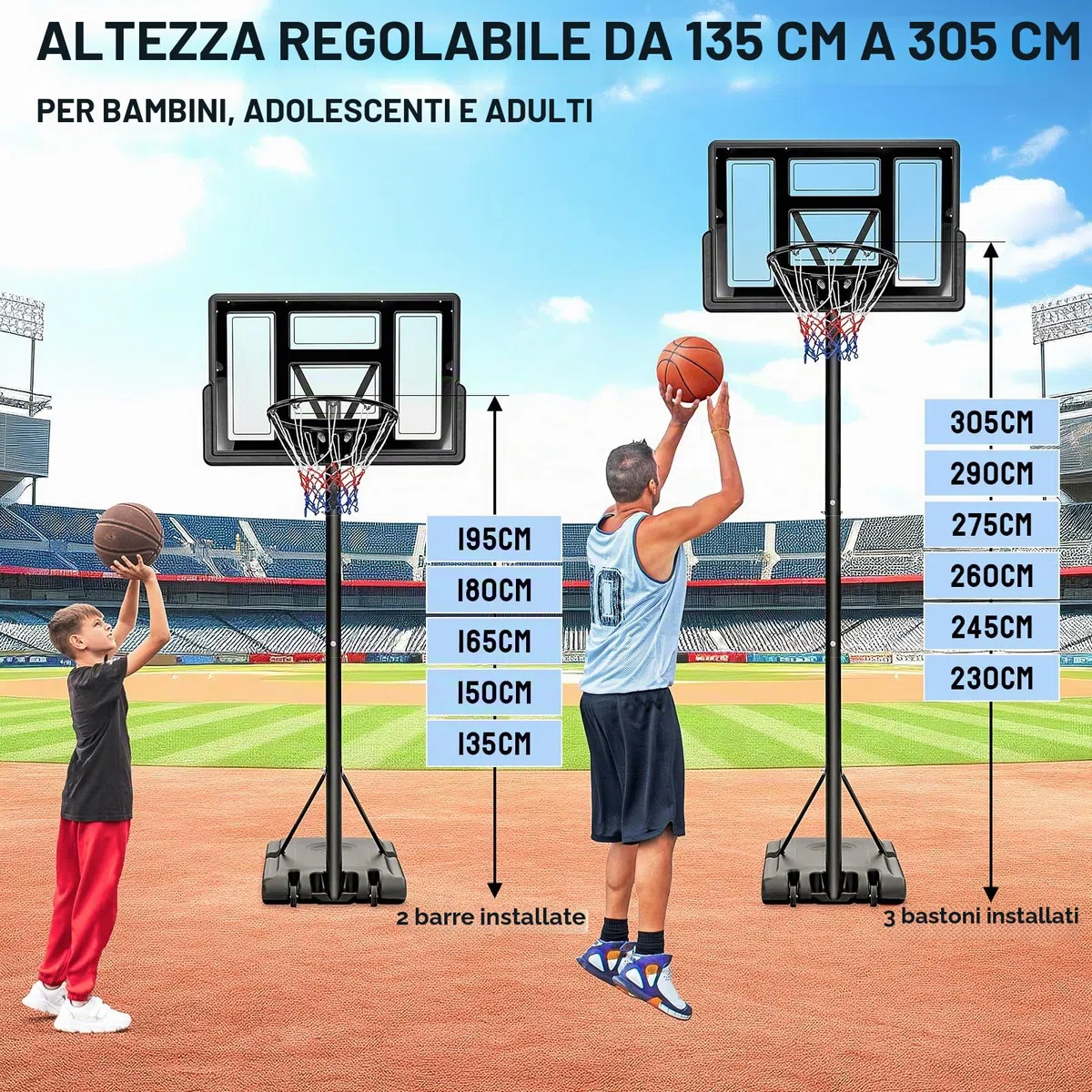 Canestro da Basket Portatile per Adulti, Canestro Basket Regolabile in Altezza 230-305 cm con Ruote Tabellone Infrangibile e Retina Durevole, Adatto a Interno Esterno