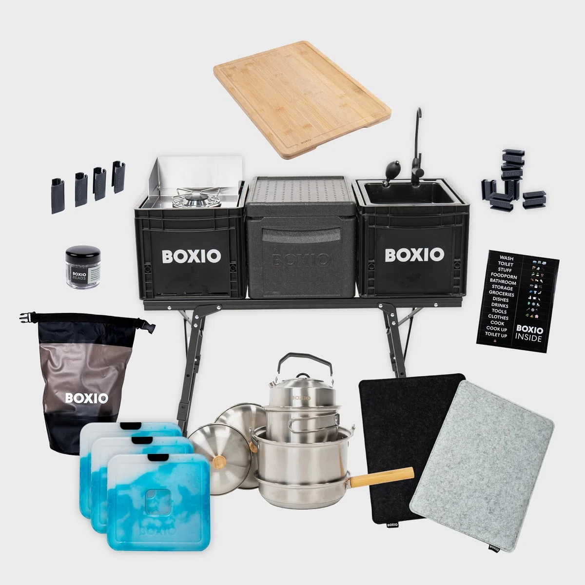 BOXIO - Kitchen Bundle Plus: cucina da campeggio mobile senza elettricità con scatola di cottura, lavabo, fornello a gas e tavolo con accessori per esterni, set di pentole, tagliere per il