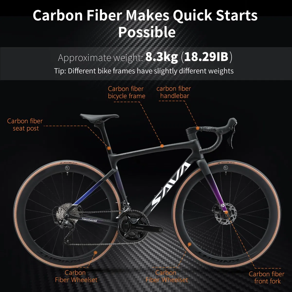 SAVADECK Carbon Road Bike, bici da corsa leggera Full Carbon con R7120 24S Shift Groupset e olio idraulico freno a disco bici