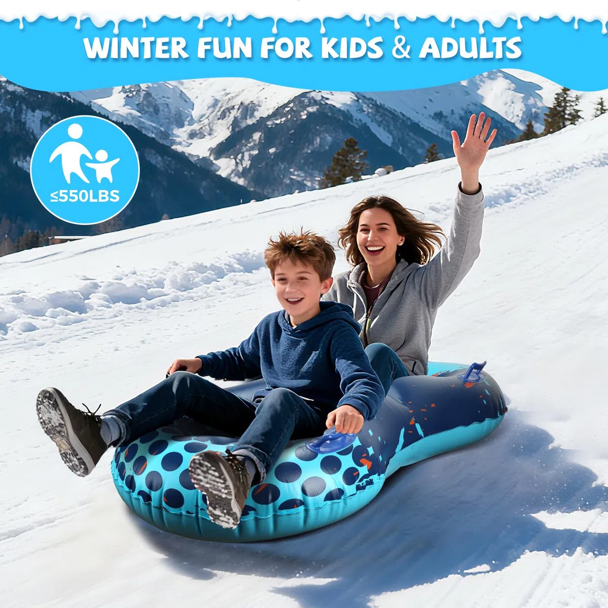 Tubo da neve con fune di traino trainabile, slitta gonfiabile heavy duty per 2 persone per bambini e adulti, di alta qualità, resistente all'abrasione, con fondo ispessito, tubi per slittino