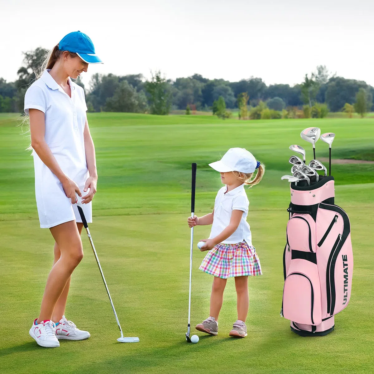 COSTWAY Set di Mazze da Golf per Donne, Include Driver in Lega di Alluminio, Legno da Fairway 3, Ibrido 4, Ferri 6, 7, 8 e 9, Putter, Sacca da Golf con Cinghie, Rosa, 24 x 24 x 115,5 cm