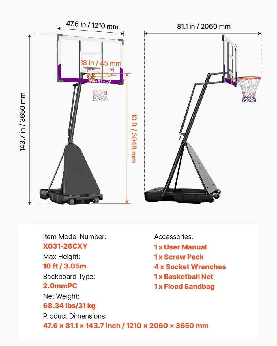VEVOR Canestro da Basket Portatile, Altezza Massima 3,05 m, Regolabile Manualmente, Sistema da Basket con Tabellone in PC da 1219,2 mm, Set di Tabelloni per Sistema da Basket per Cortili, Scuole