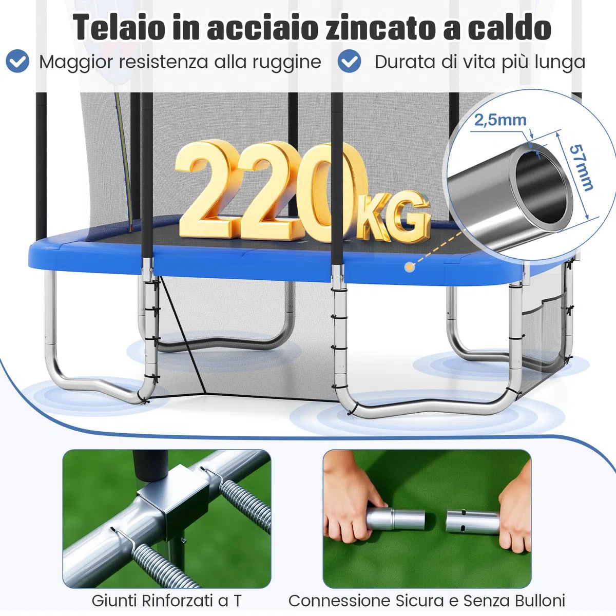 COSTWAY Trampolino da Esterno per Bambini e Adulti 317 x 255 cm, Tappeto Elastico Rettangolare con Canestro da Basket, Porta da Calcio, Scala Antiscivolo, Rete e Telaio in Acciaio