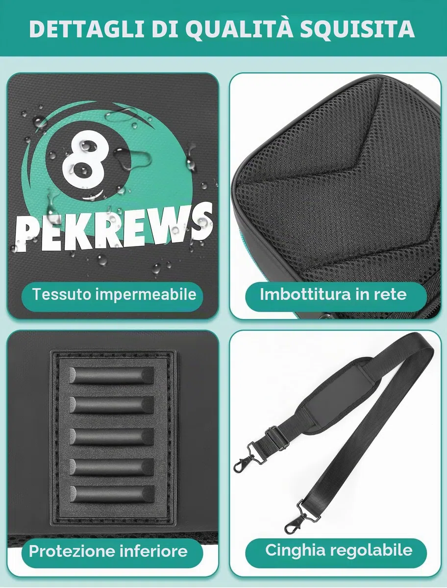 PEKREWS Custodia per stecche da biliardo 4 x 4 con cinghie per zaino, custodia morbida per stecche da biliardo con tracolla, custodia per bastone da biliardo può contenere 4 mozziconi e 4 alberi e