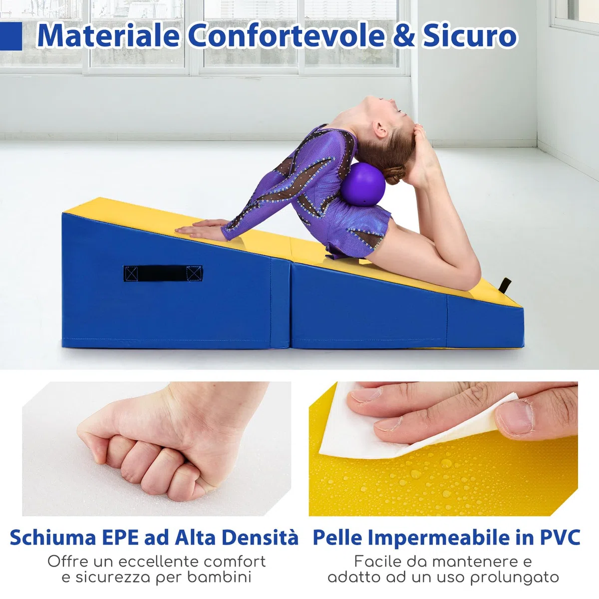 COSTWAY Materassino Ginnastica, Tappetino da Ginnastica Pieghevole con Schiuma EPE e Pelle PVC Antiscivolo e Maniglia, Tappetino da Esercizio a Forma di Cuneo per Casa e Palestra