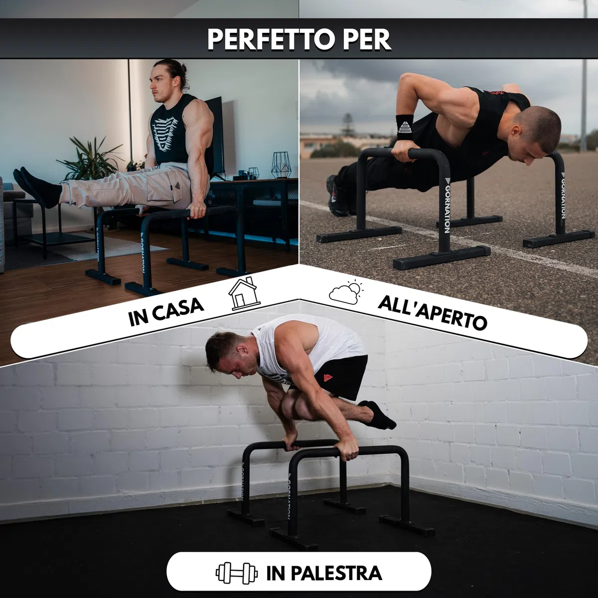 GORNATION Parallettes Alte in Metallo, Barre Parallele per Calisthenics con Impugnature Antiscivolo per Push Ups, Dips, L-Sits, Palestra e Allenamento Outdoor, Push Up Bars incl. Nastro per Grip