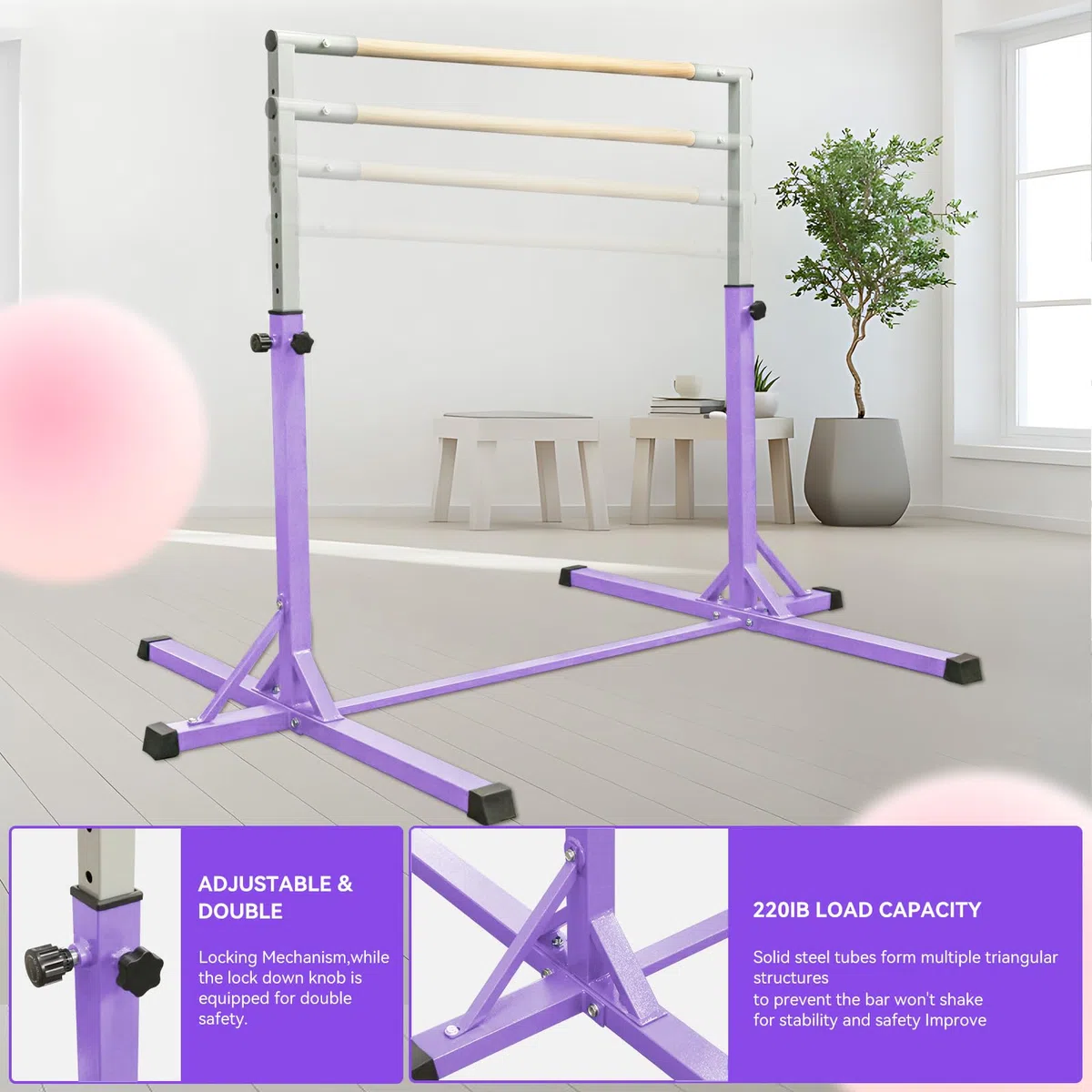 FBSPORT Barra da Ginnastica per Bambini con 13 Altezze Regolabili,Sbarra di Ginnastica per Bambini Barra Ginnastica Orizzontali Artistica Palestra Danza per Bambini e Bambine e Portatile Viola