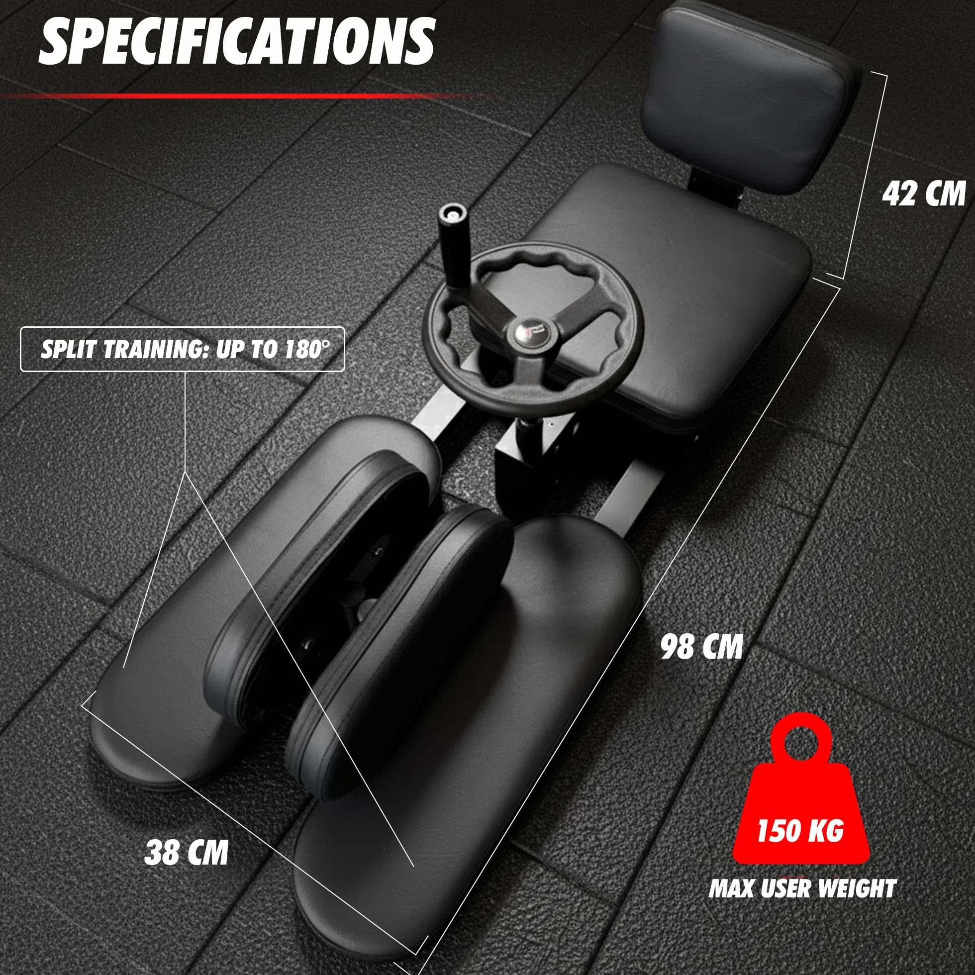 Divaricatore Gambe Professionale – Attrezzo Stretching con Ruota Regolabile e Supporti Imbottiti – Spagattrainer fino a 180° per Spaccata, Balletto, Danza, Arti Marziali e Fitness
