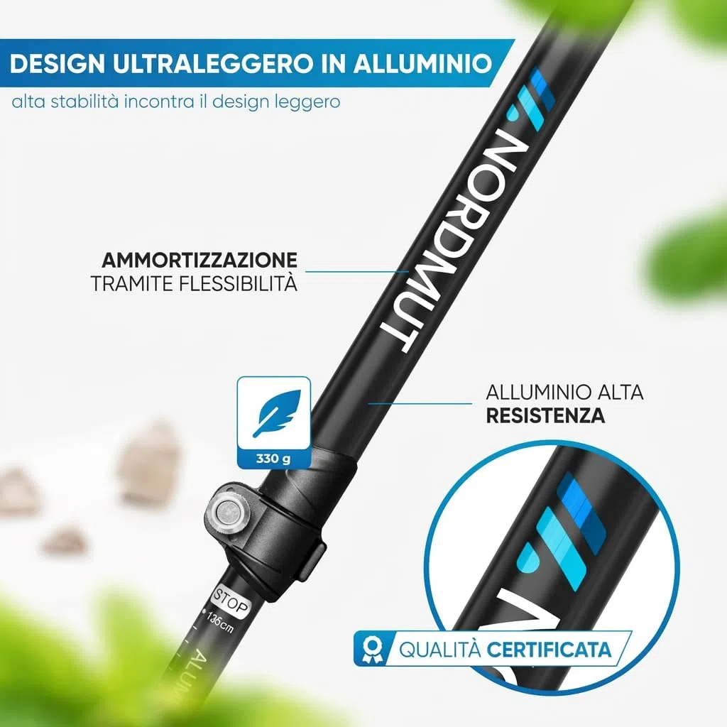 NORDMUT® Bastoni da trekking telescopici di alta qualità, in alluminio e carbonio, per nordic walking, regolabili per uomo e donna, con set di gommini e manico in vero sughero