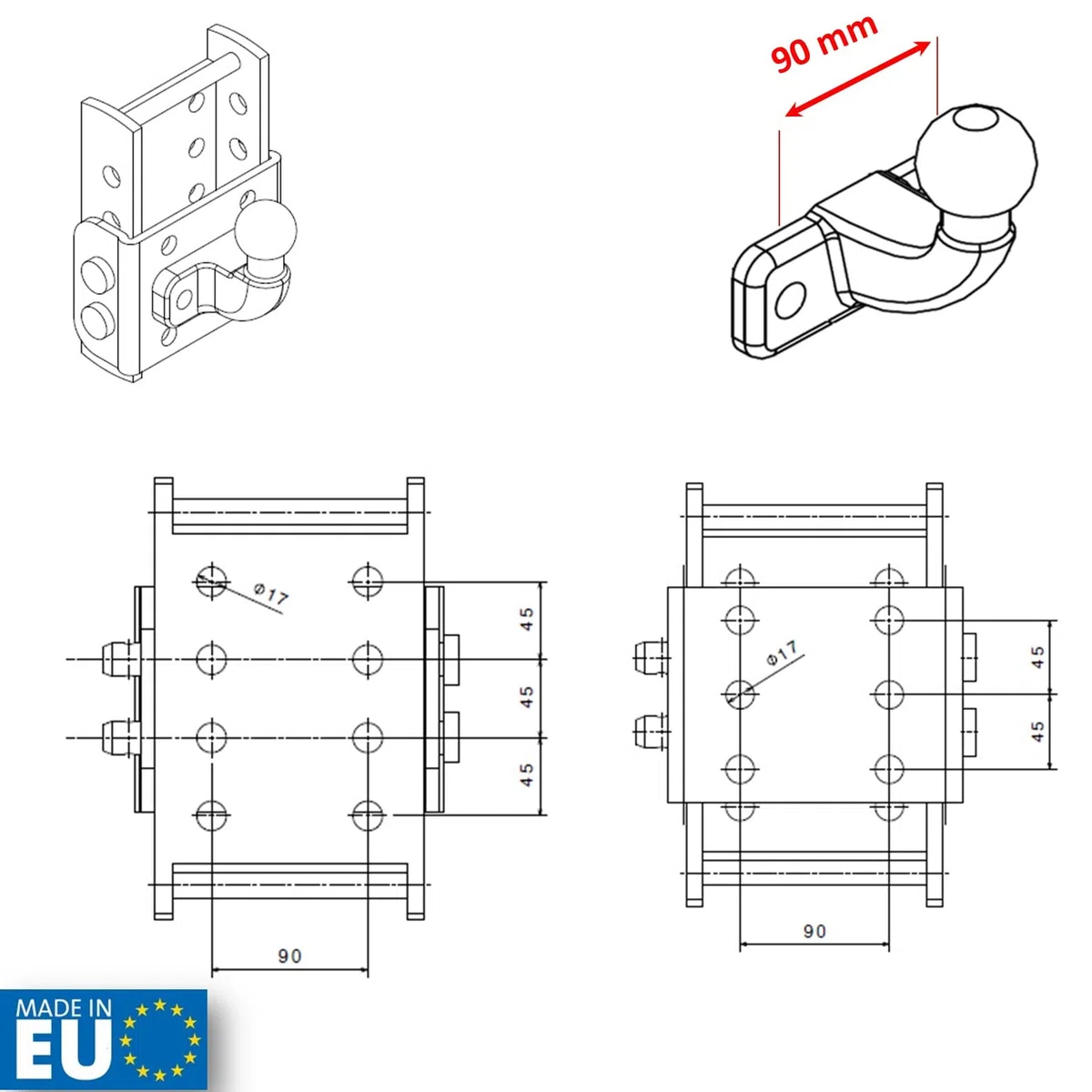XIMPLIO Gancio universale regolabile in altezza – Regolazione dell'altezza della sfera con sistema di cambio AHK-Bock (per 2 fori 90 mm AHK, nero, 3 x 45 mm)