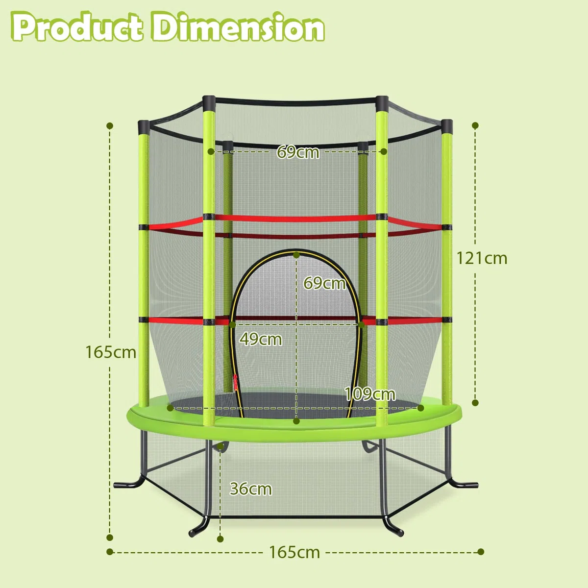 KOMFOTTEU Trampolino per Bambini 3-6 Anni, Tappeto Elastico Bambini con Rete di Sicurezza e Chiusura a Cerniera, Saltarello da Esterno in Acciaio Zincato, Portato 135 kg, 165x165x161 cm