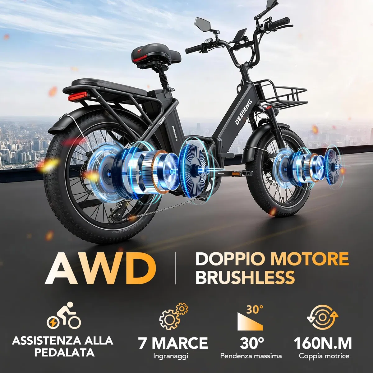D20PRO Folding electric bicycle features dual motors with single/dual 36V 20A/42.4AhH removable batteries, 20" x 3.0" wide tires, and hydraulic brakes.