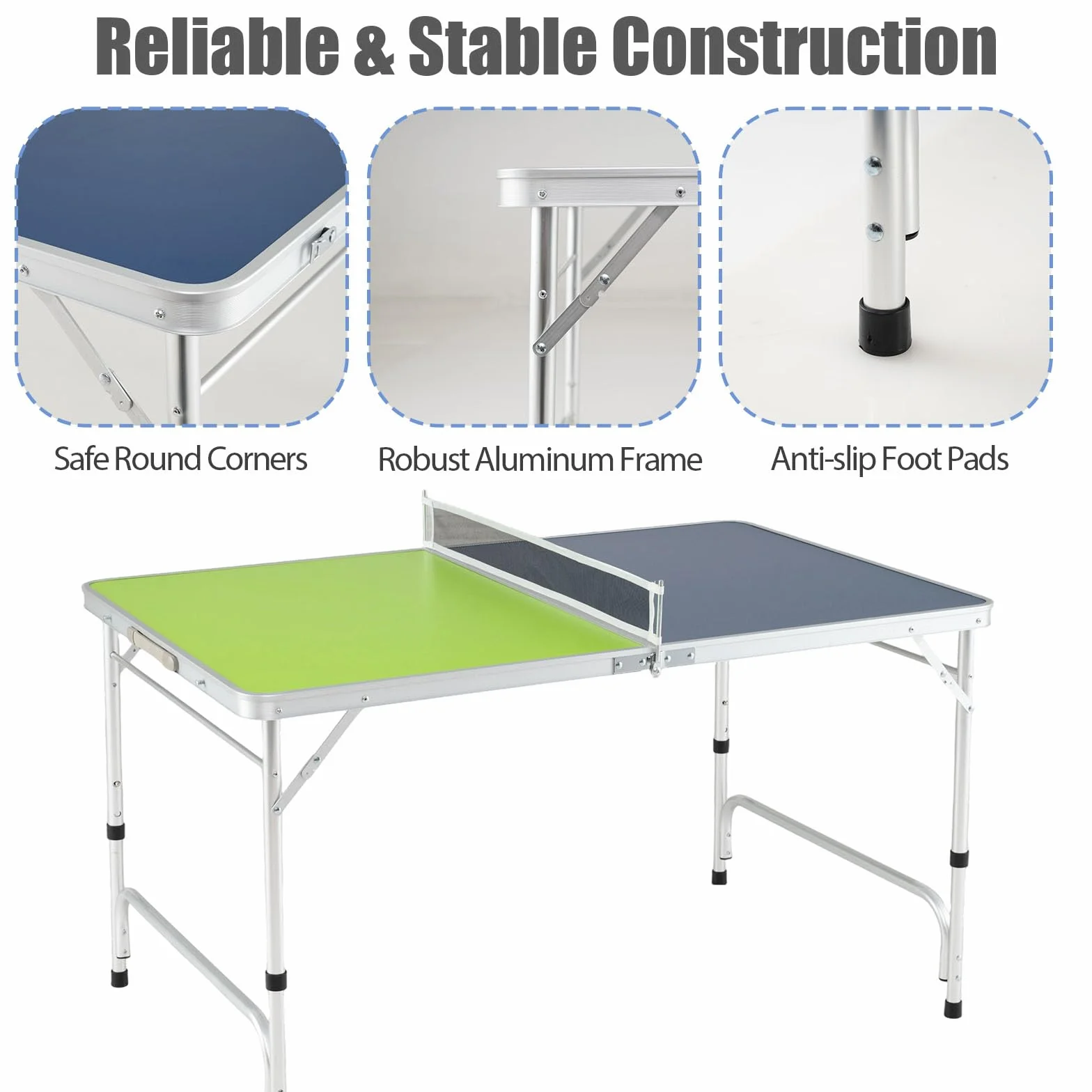 LIFEZEAL Ping Pong Table, Mini tavolo da ping pong con altezza regolabile a 3 livelli, tavolo pieghevole con rete, palline, racchette, tavolo da ping pong per ping pong, 120 x 76 cm