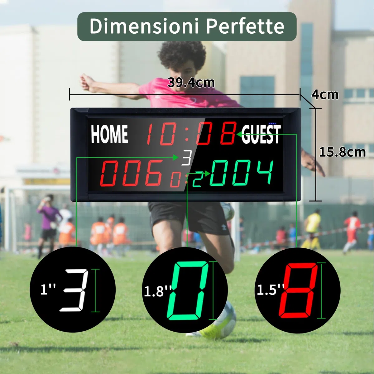 Tabellone Segnapunti Elettronico Portatile, 39,4*4*15,8cm, 13 Cifre per Basket con Orologio, Gioco Tennis con Conto Alla Rovescia/Crescente, LED Scoreboard per Pallavolo, Cornhole, Badminton