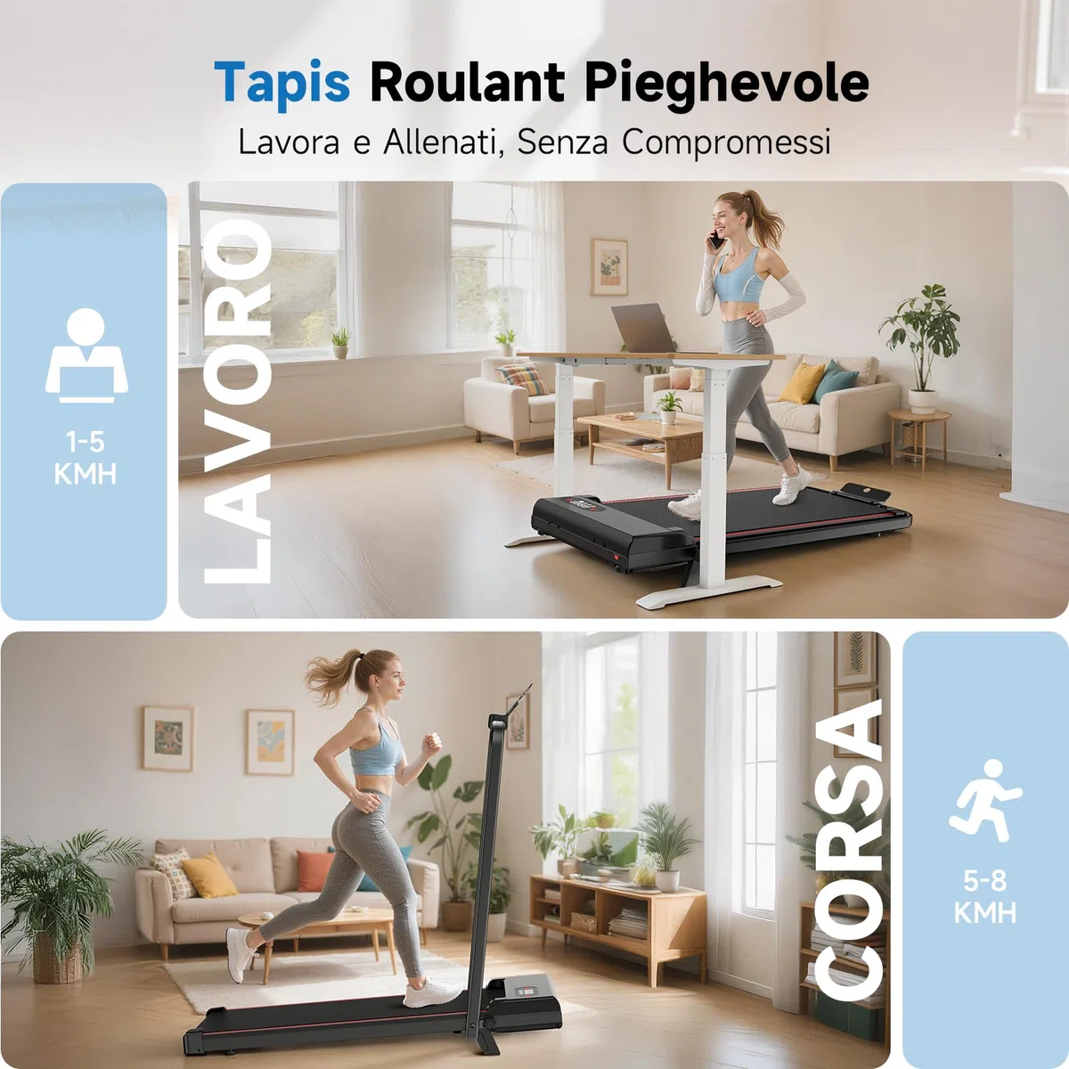 Dskeuzeew Tapis Roulant Con Inclinazione 7%, 3 IN 1 Tapis Roulant Pieghevole, Walking Pad