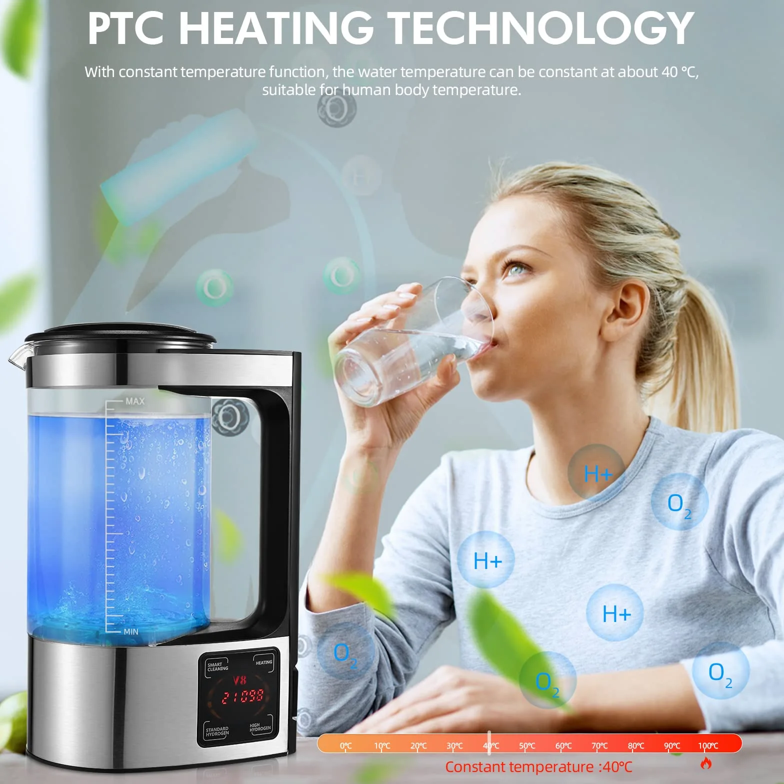 2L Generatore di Acqua Idrogenata, Grande Capacità Generatore di Acqua Idrogenata Ionizzatore, Bombola del Generatore di Idrogeno, Ricarica USB Portatile con Display LED per Casa, Ufficio e Viaggi