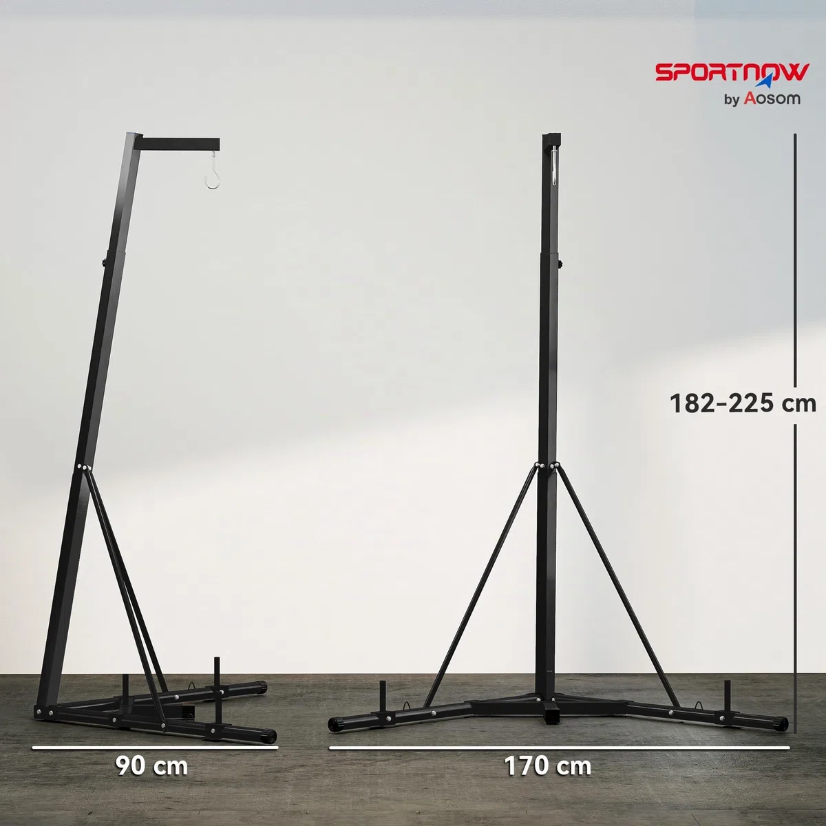 SPORTNOW Supporto Sacco da Boxe Regolabile in Altezza e Autoportante, Sostegno con Base Triangolare e Supporto per Pesi, Max 60kg, 170x90x182-225 cm, Nero