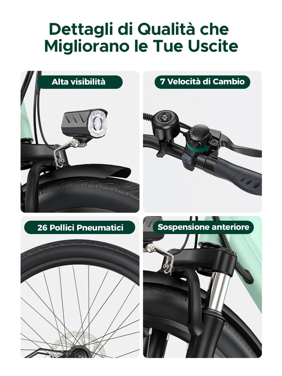 HillMiles Bici Elettrica Per Adulti Da 26", 7 Velocità Bicicletta Elettrica da 36V 13Ah Batteria Rimovibile, 25km/h & Autonomia di 80-100km E-bike Per Pendolari Urbani, IP65 impermeabile