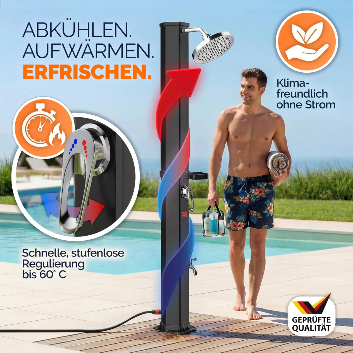 Monzana® Doccia solare 35L Resistente ai raggi UV Vassoio in Acciaio Inossidabile 105GSM Copertura Protettiva Doccino Regolabile a Pioggia Doccia Piscina Doccia Campeggio Acqua calda 60°C Esterno