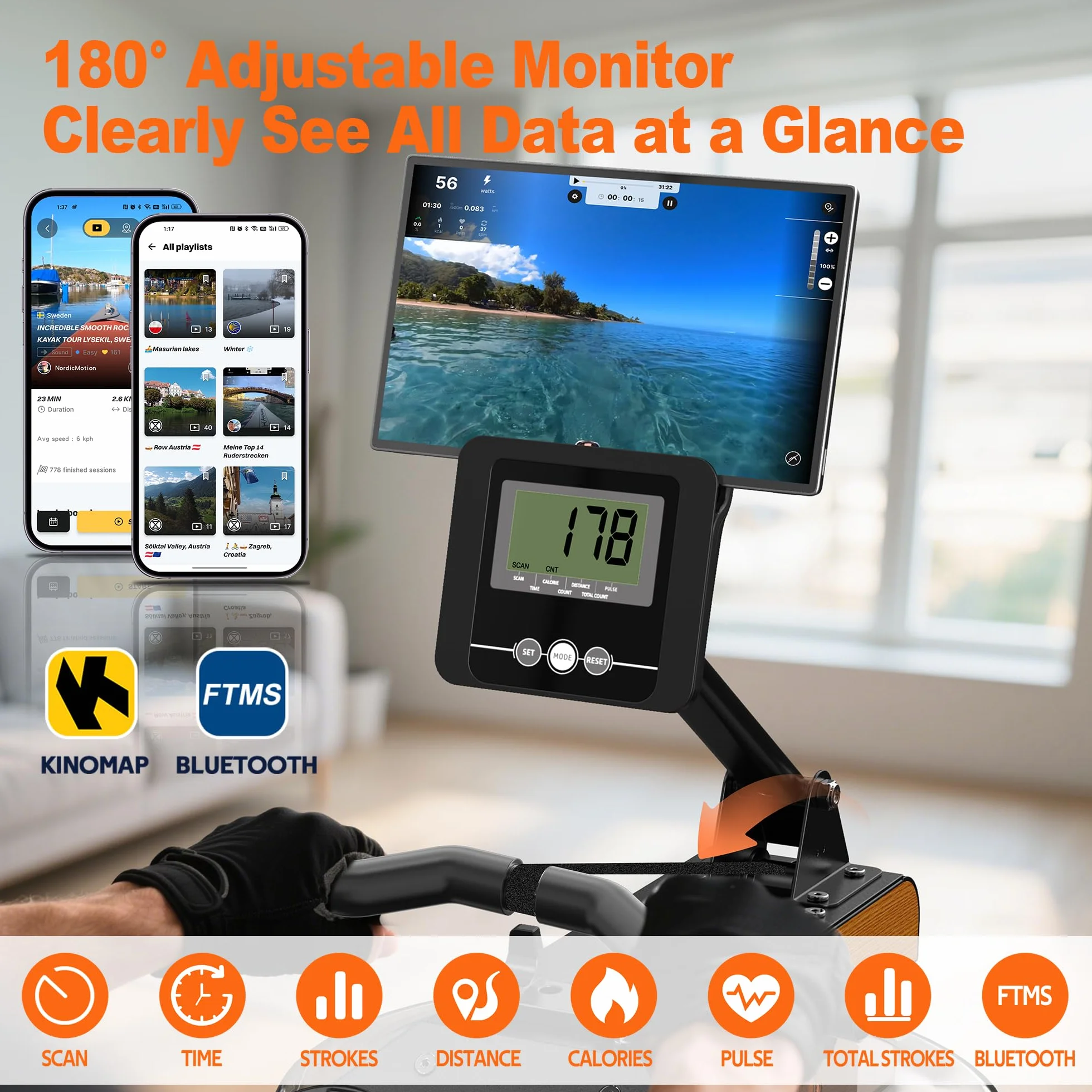 Vogatore Professionale per Casa, Pieghevole Con Resistenza ad Acqua, Monitor Bluetooth e Supporto Tablet Regolabile, Carico Massimo 160kg